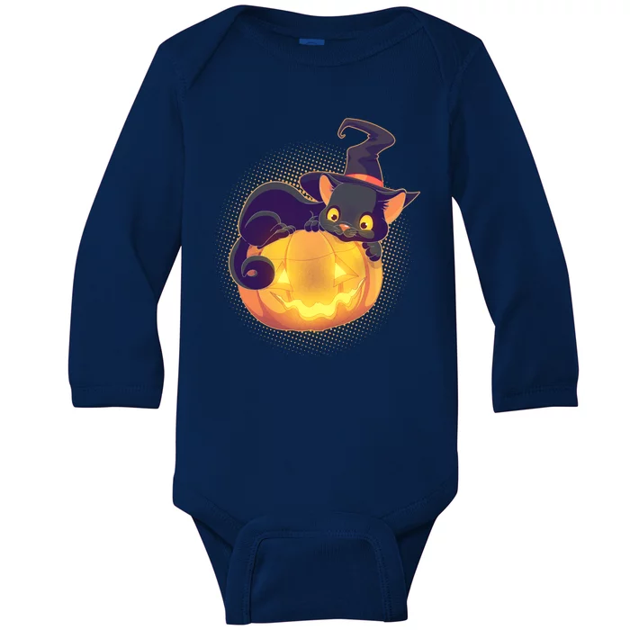 Cute Halloween Glowing Pumpkin Jackolantern Witch Cat Baby Long Sleeve Bodysuit