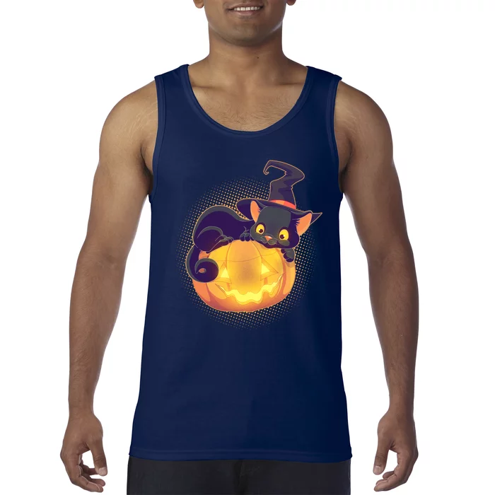 Cute Halloween Glowing Pumpkin Jackolantern Witch Cat Tank Top