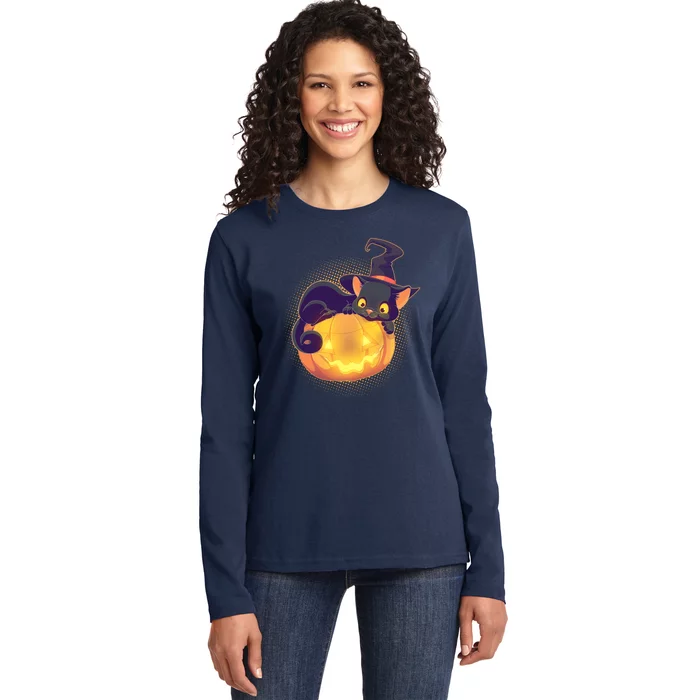 Cute Halloween Glowing Pumpkin Jackolantern Witch Cat Ladies Long Sleeve Shirt