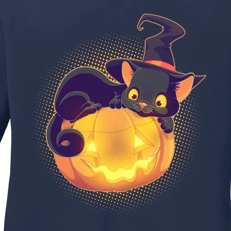 Cute Halloween Glowing Pumpkin Jackolantern Witch Cat Ladies Long Sleeve Shirt