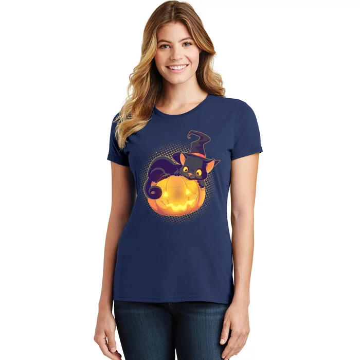 Cute Halloween Glowing Pumpkin Jackolantern Witch Cat Women's T-Shirt