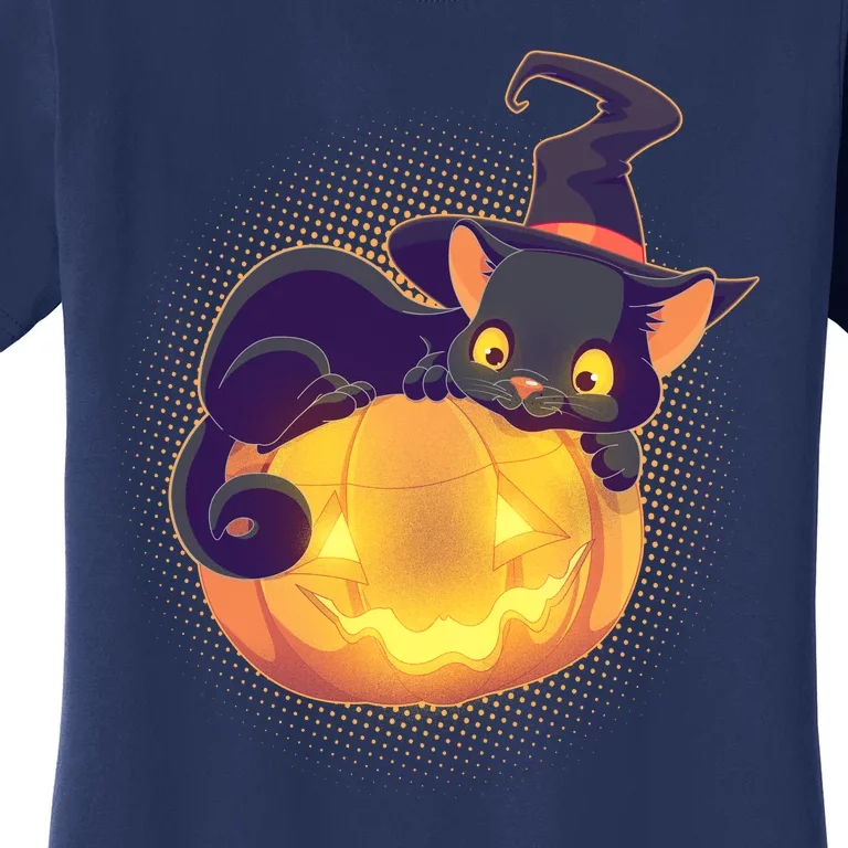 Cute Halloween Glowing Pumpkin Jackolantern Witch Cat Women's T-Shirt