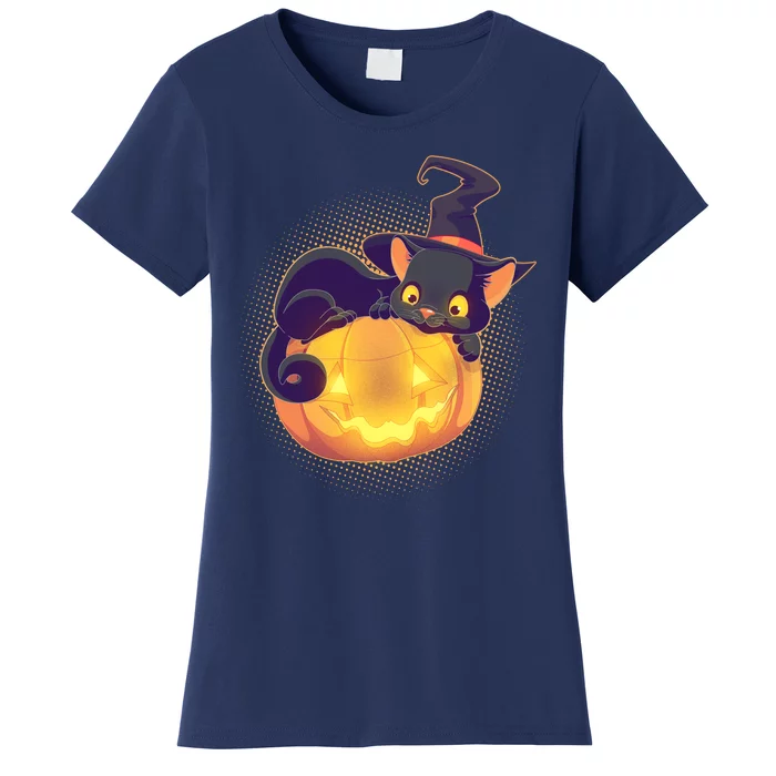 Cute Halloween Glowing Pumpkin Jackolantern Witch Cat Women's T-Shirt