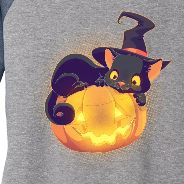 Cute Halloween Glowing Pumpkin Jackolantern Witch Cat Women's Tri-Blend 3/4-Sleeve Raglan Shirt