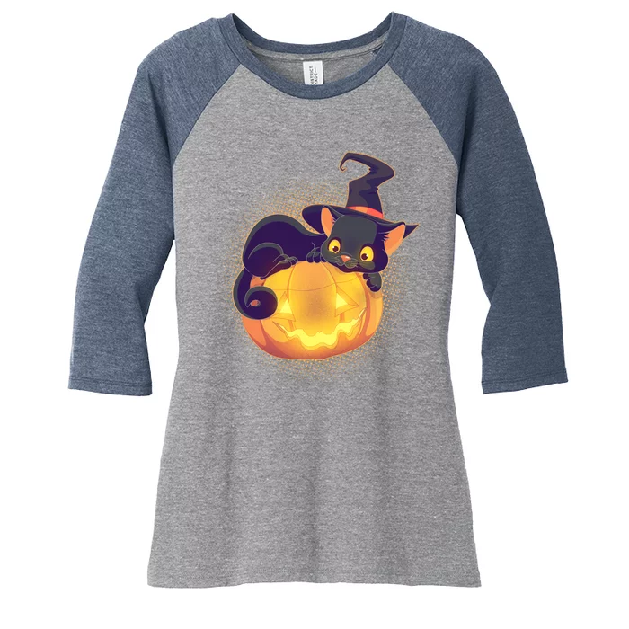 Cute Halloween Glowing Pumpkin Jackolantern Witch Cat Women's Tri-Blend 3/4-Sleeve Raglan Shirt