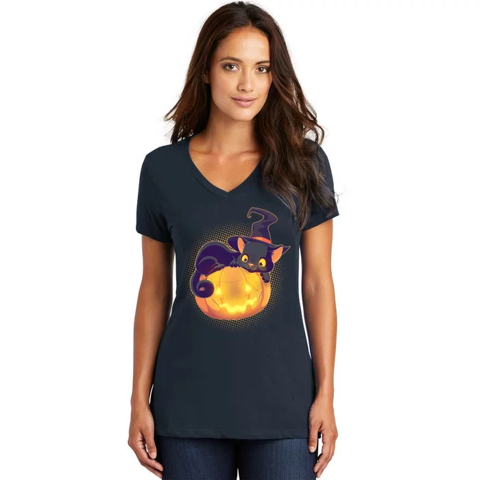 Cute Halloween Glowing Pumpkin Jackolantern Witch Cat Women's V-Neck T-Shirt