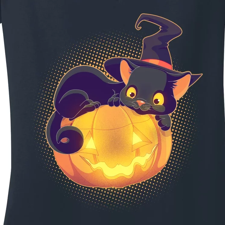 Cute Halloween Glowing Pumpkin Jackolantern Witch Cat Women's V-Neck T-Shirt