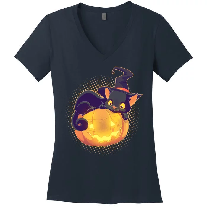 Cute Halloween Glowing Pumpkin Jackolantern Witch Cat Women's V-Neck T-Shirt