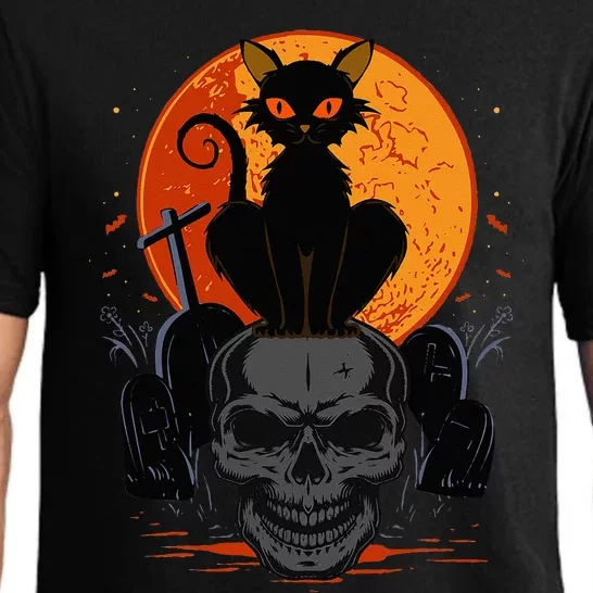 Cute Halloween Gothic Black Cat Standing On Skull Art Pajama Set