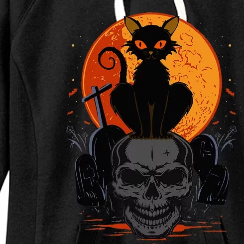 Cute Halloween Gothic Black Cat Standing On Skull Art Women's Fleece Hoodie