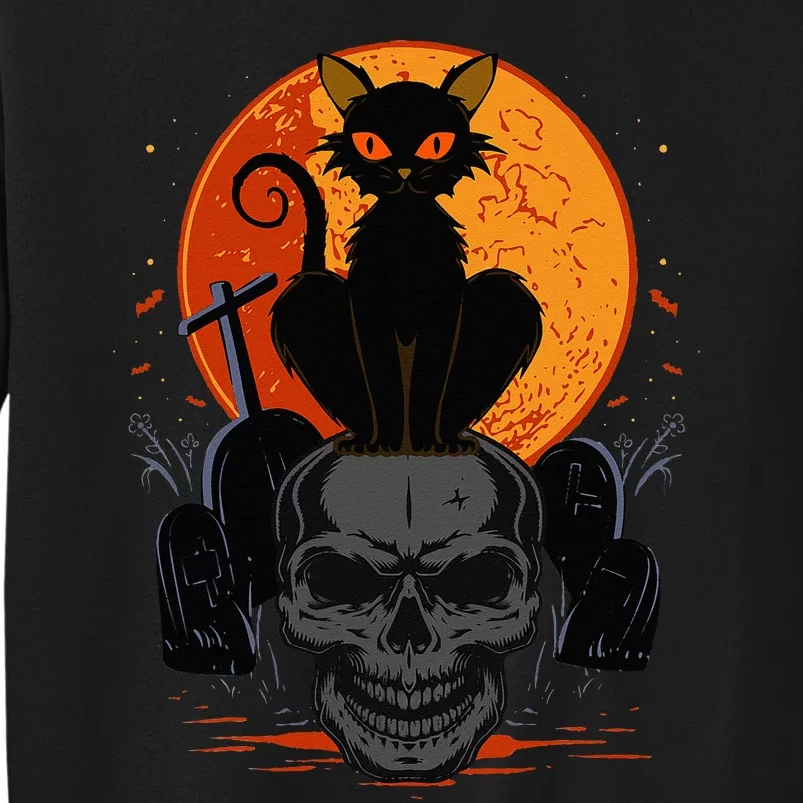 Cute Halloween Gothic Black Cat Standing On Skull Art Tall Sweatshirt