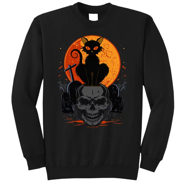 Cute Halloween Gothic Black Cat Standing On Skull Art Tall Sweatshirt