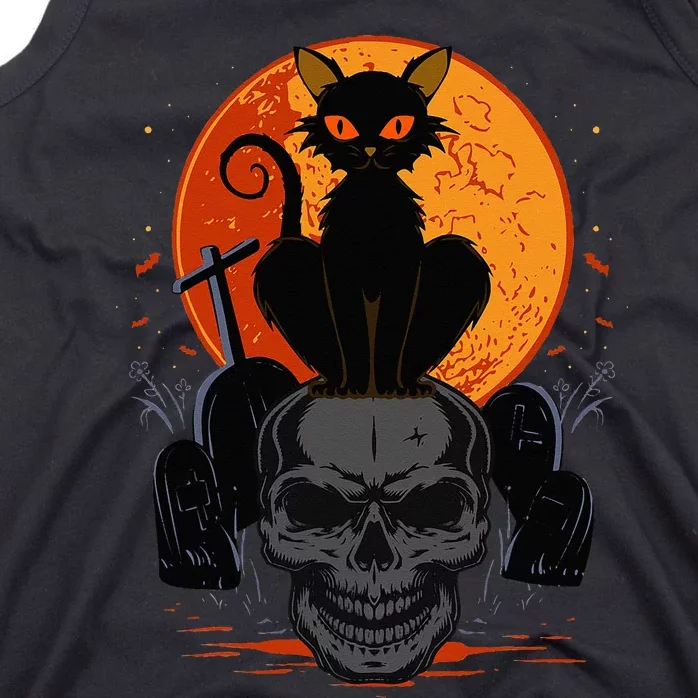 Cute Halloween Gothic Black Cat Standing On Skull Art Tank Top