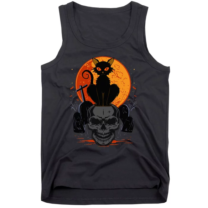 Cute Halloween Gothic Black Cat Standing On Skull Art Tank Top