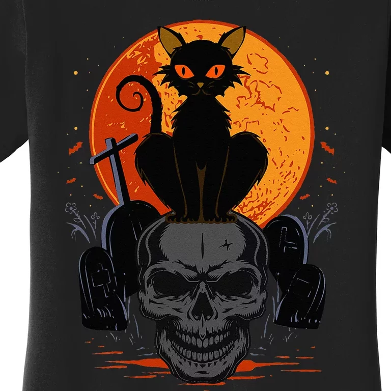 Cute Halloween Gothic Black Cat Standing On Skull Art Women's T-Shirt