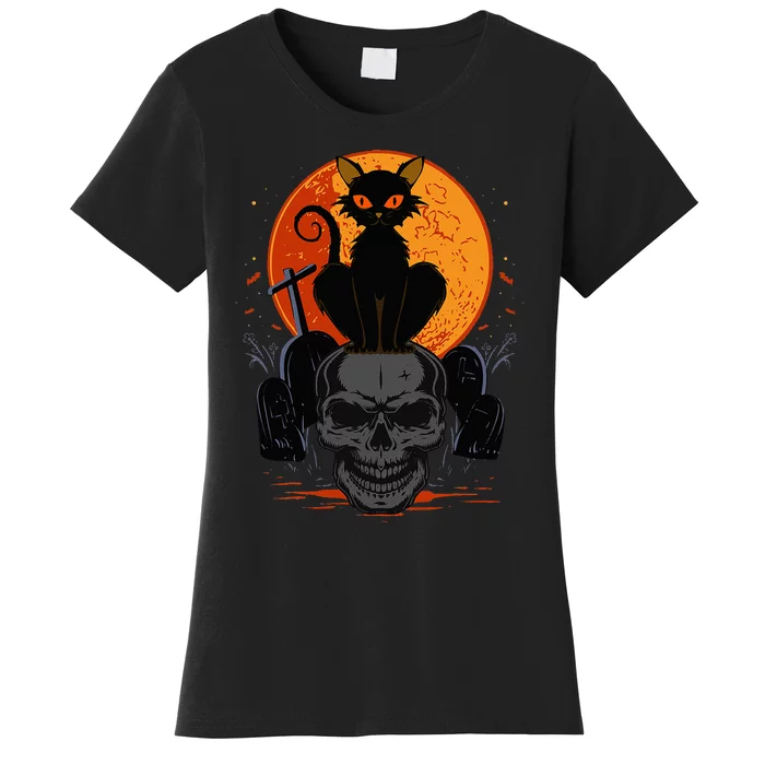 Cute Halloween Gothic Black Cat Standing On Skull Art Women's T-Shirt