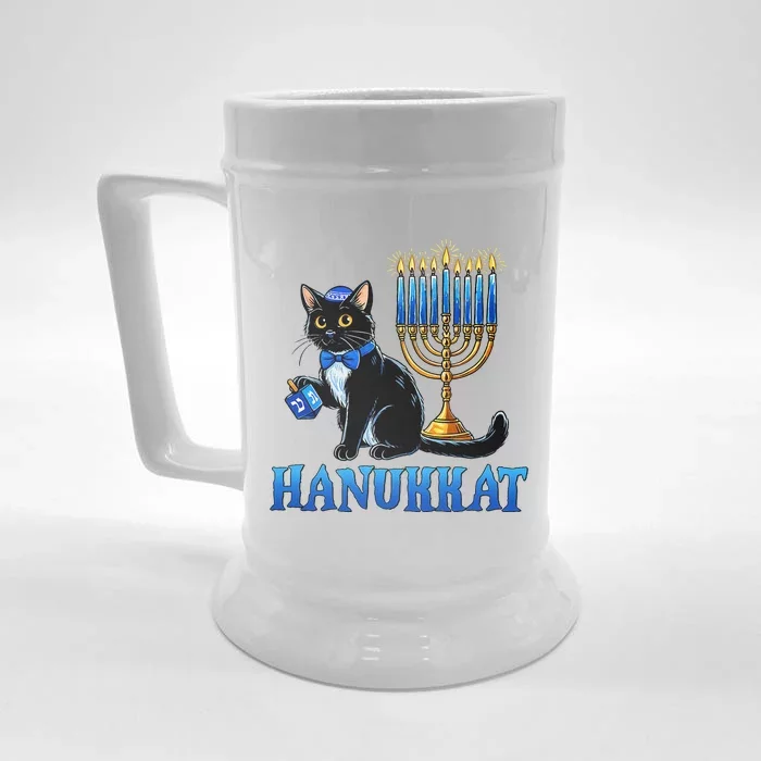 Cute Happy Hanukkah Hanukkat Jewish Cat Menorah Chanukah Front & Back Beer Stein