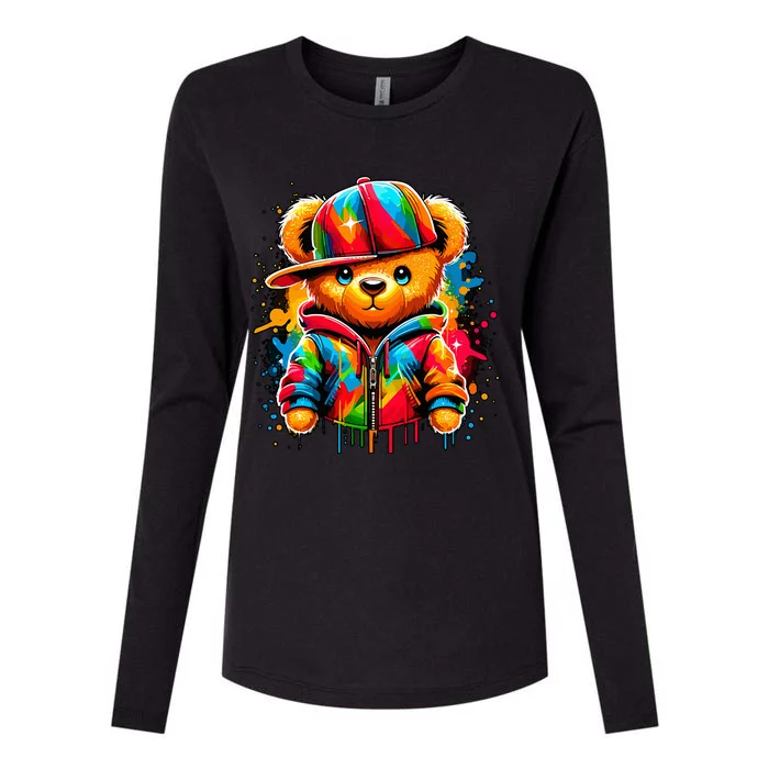 Colorful Hip Hop Teddy Bear Rap Music Womens Cotton Relaxed Long Sleeve T-Shirt