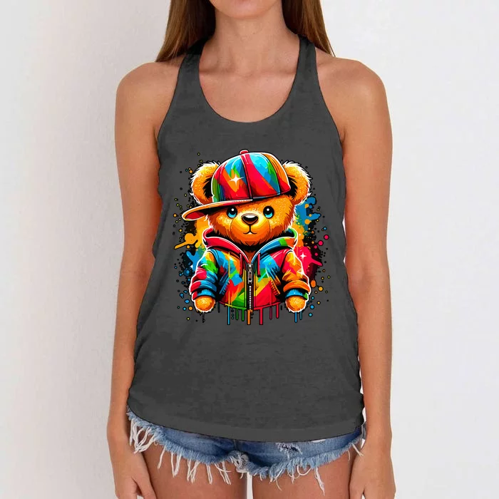 Colorful Hip Hop Teddy Bear Rap Music Women's Knotted Racerback Tank