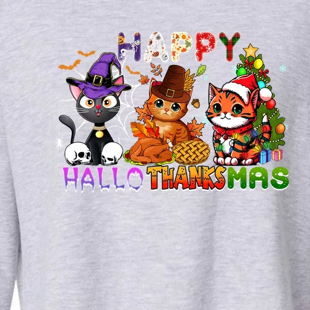 Cat Happy Hallothanksmas Halloween Thanksgiving Christmas Gift Cropped Pullover Crew