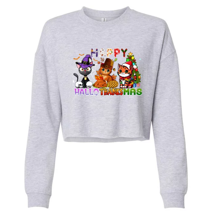 Cat Happy Hallothanksmas Halloween Thanksgiving Christmas Gift Cropped Pullover Crew