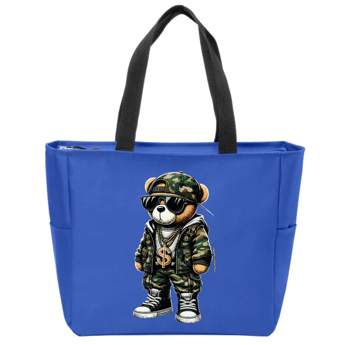 Camo Hip Hop Teddy Bear Camouflage Zip Tote Bag