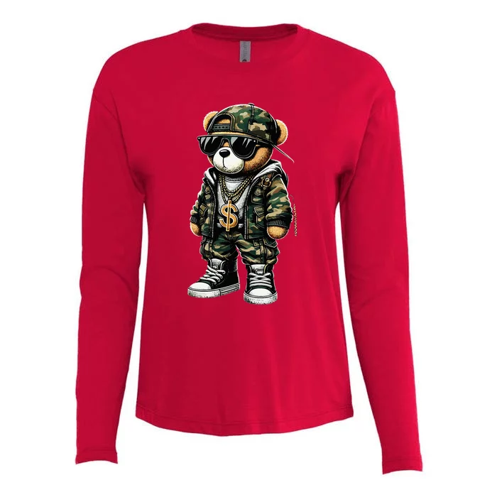 Camo Hip Hop Teddy Bear Camouflage Womens Cotton Relaxed Long Sleeve T-Shirt