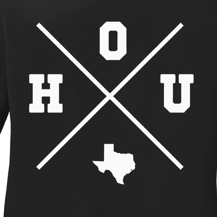 Classic Hou Houston Crossmark State Outline Ladies Long Sleeve Shirt