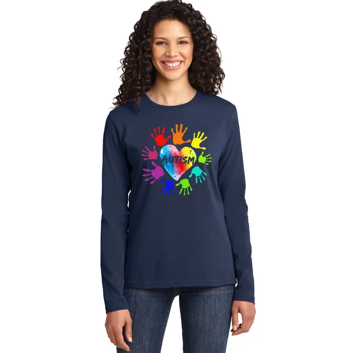 Colorful Heart Hands Autism Awareness Ladies Long Sleeve Shirt