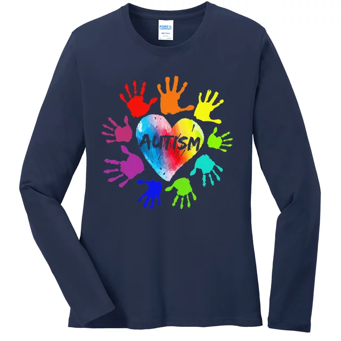 Colorful Heart Hands Autism Awareness Ladies Long Sleeve Shirt