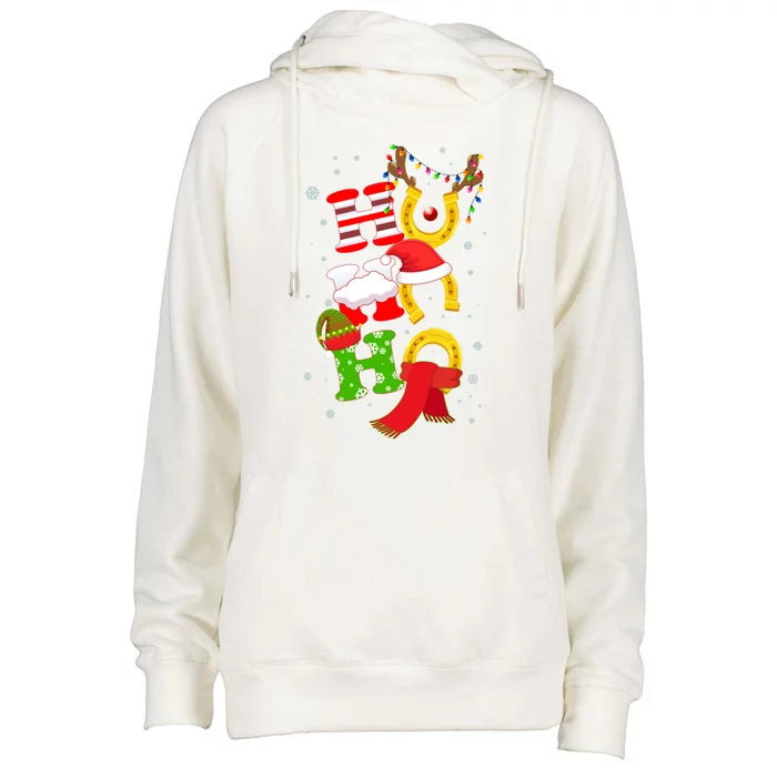 Christmas Ho Ho Ho Reindeer Horseshoes Womens Funnel Neck Pullover Hood