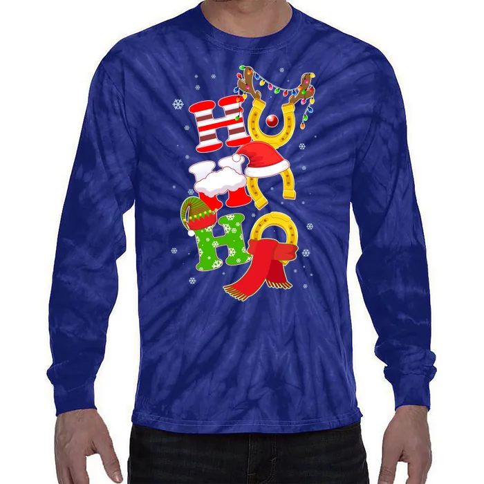 Christmas Ho Ho Ho Reindeer Horseshoes Tie-Dye Long Sleeve Shirt