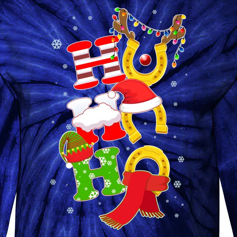 Christmas Ho Ho Ho Reindeer Horseshoes Tie-Dye Long Sleeve Shirt