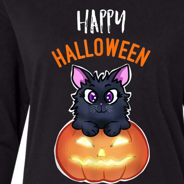 Cool Happy Halloween Cat And Jack O Lantern Womens Cotton Relaxed Long Sleeve T-Shirt