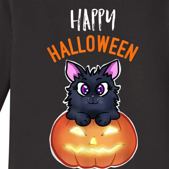 Cool Happy Halloween Cat And Jack O Lantern Baby Long Sleeve Bodysuit