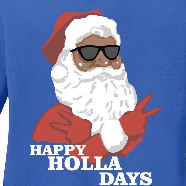 Christmas Happy Holla Days African American Santa Gift Ladies Long Sleeve Shirt