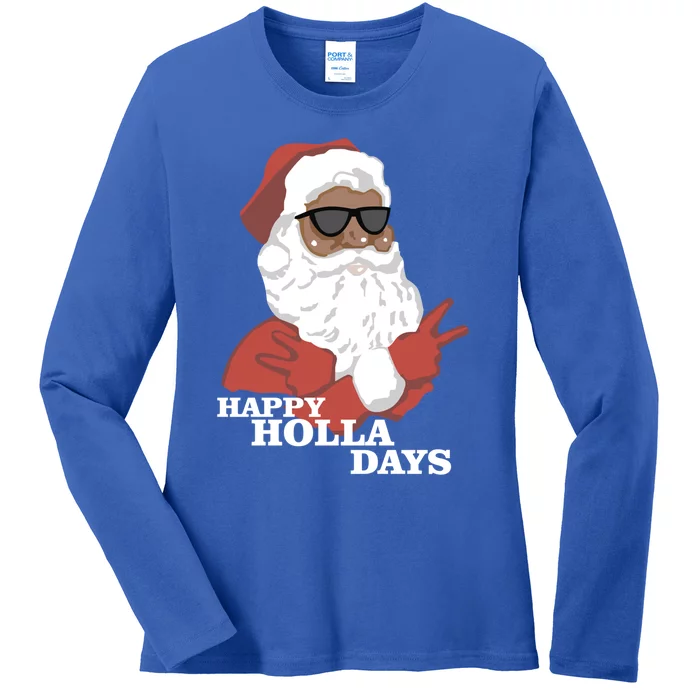 Christmas Happy Holla Days African American Santa Gift Ladies Long Sleeve Shirt