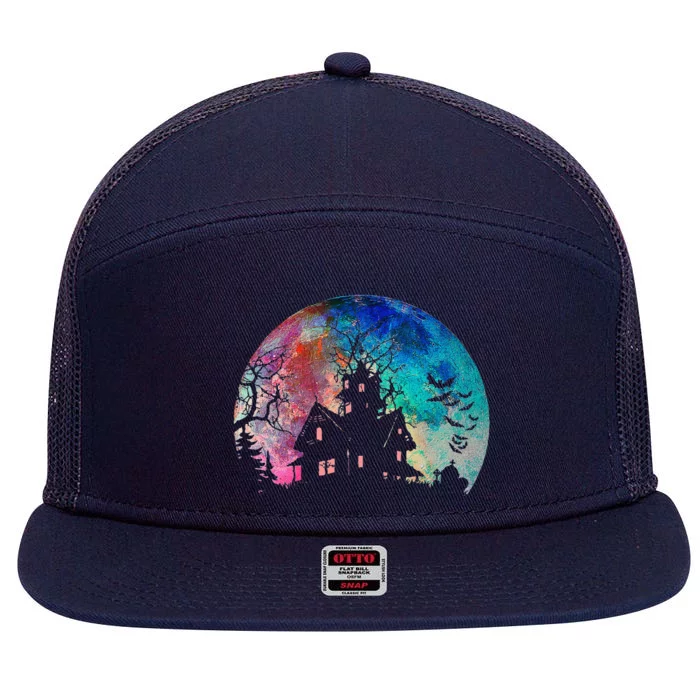 Creepy Haunted House & Spooky Watercolor Full Moon Halloween 7 Panel Mesh Trucker Snapback Hat