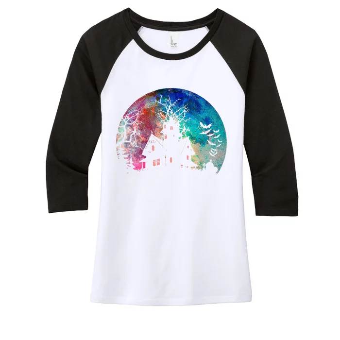 Creepy Haunted House & Spooky Watercolor Full Moon Halloween Women's Tri-Blend 3/4-Sleeve Raglan Shirt