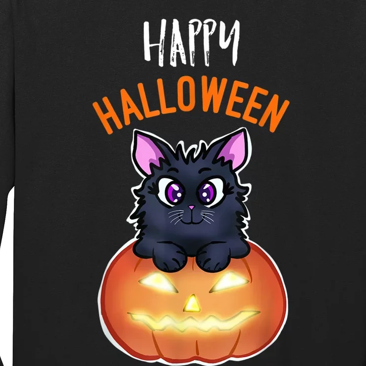 Cool Happy Halloween Cat And Jack O Lantern Long Sleeve Shirt