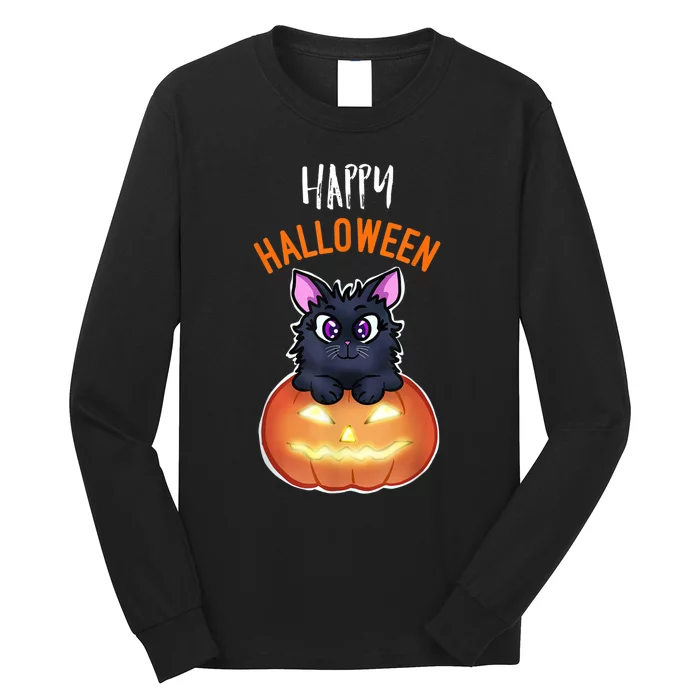 Cool Happy Halloween Cat And Jack O Lantern Long Sleeve Shirt