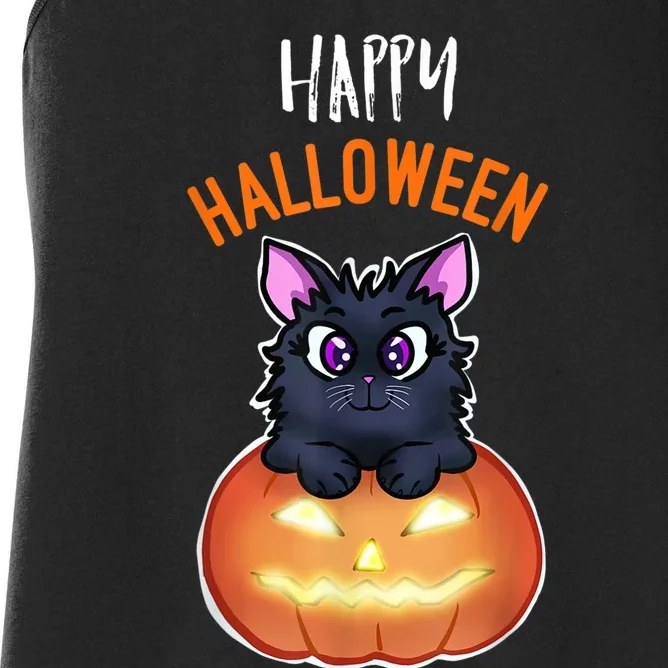 Cool Happy Halloween Cat And Jack O Lantern Women's Racerback Tank