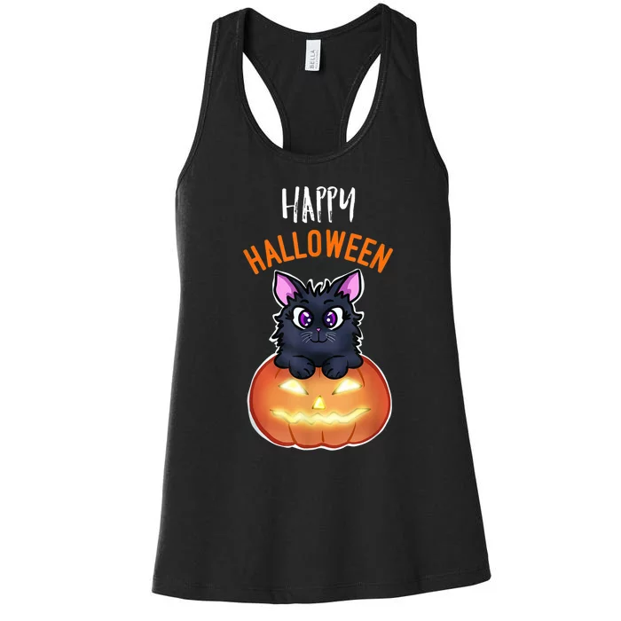 Cool Happy Halloween Cat And Jack O Lantern Women's Racerback Tank