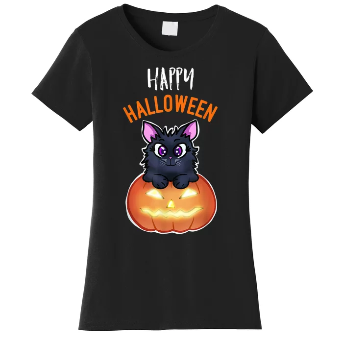 Cool Happy Halloween Cat And Jack O Lantern Women's T-Shirt