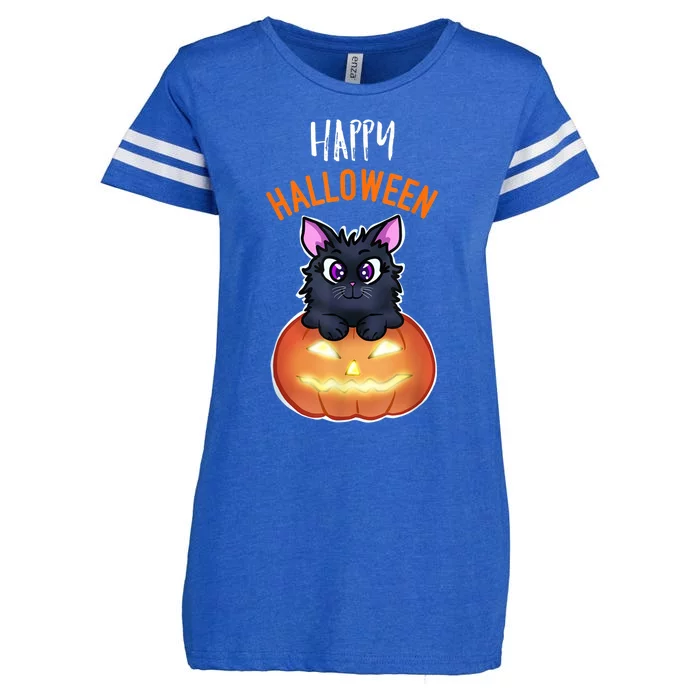 Cool Happy Halloween Cat And Jack O Lantern Enza Ladies Jersey Football T-Shirt