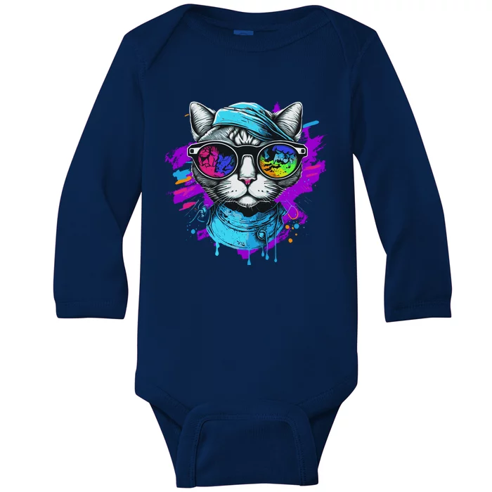 Cool Hipster Hip Cat With Shades Scarf And Hat Baby Long Sleeve Bodysuit