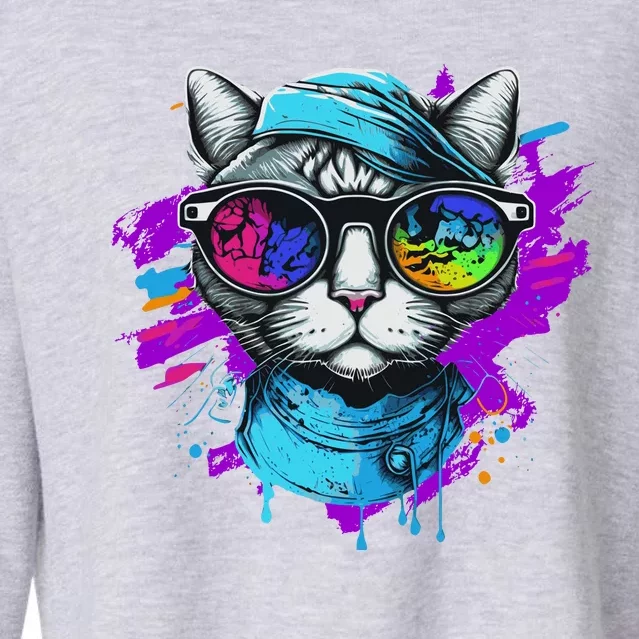 Cool Hipster Hip Cat With Shades Scarf And Hat Cropped Pullover Crew