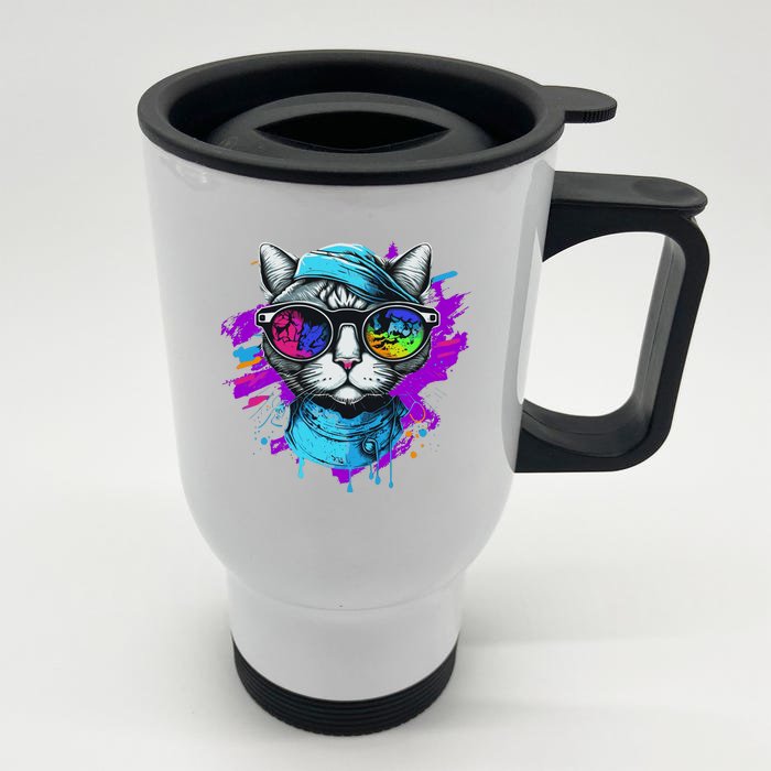 Cool Hipster Hip Cat With Shades Scarf And Hat Front & Back Stainless Steel Travel Mug