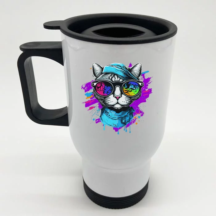 Cool Hipster Hip Cat With Shades Scarf And Hat Front & Back Stainless Steel Travel Mug