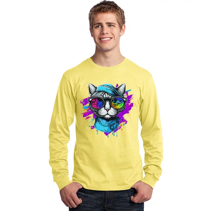 Cool Hipster Hip Cat With Shades Scarf And Hat Long Sleeve Shirt